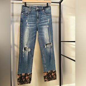 Pilcro Blue Distressed Jeans with Floral Cuffs
